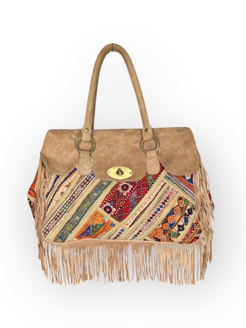 Tylie Malibu x Anthropology Patchwork Tote Bag in Tan and Multicolor